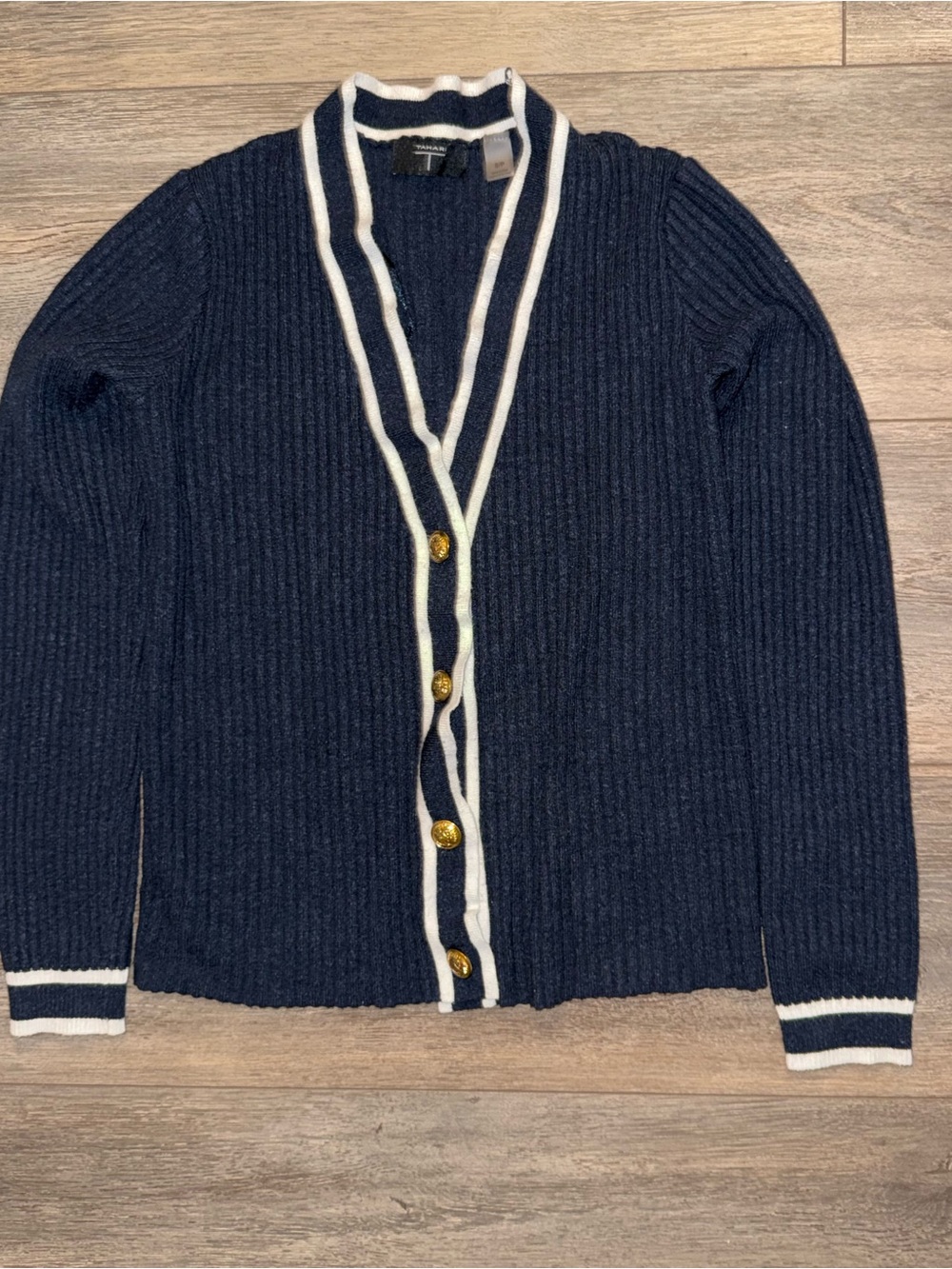 Tahari Navy Cardigan with White Stripe Trim